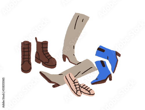Casual women footwear. High boots, heeled and sport shoes, sneakers in chaos, disorder. Modern fashion female foot wearing composition. Flat vector illustration isolated on white background