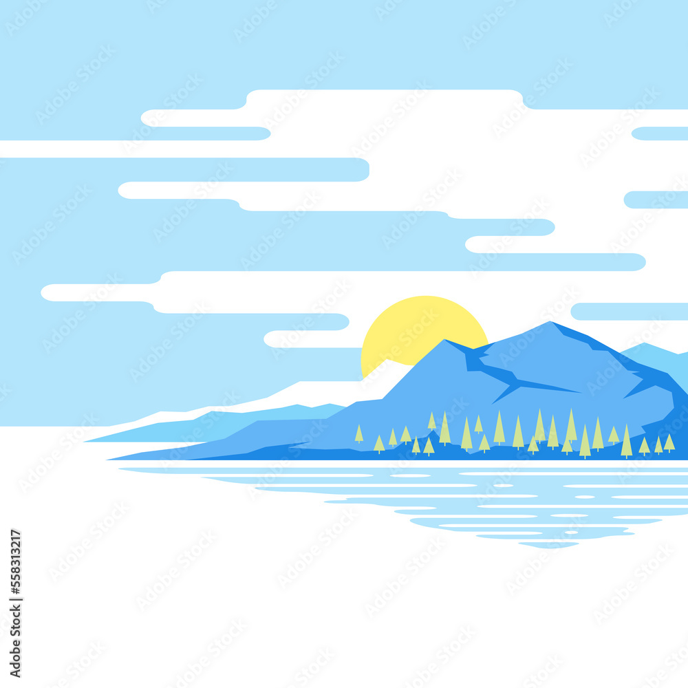 Landscape illustration, mountains with spruce trees, sun with clouds, nature background, modern flat style isolated Landscape illustration, mountains with spruce trees, sun with clouds, nature background, modern flat style isolated