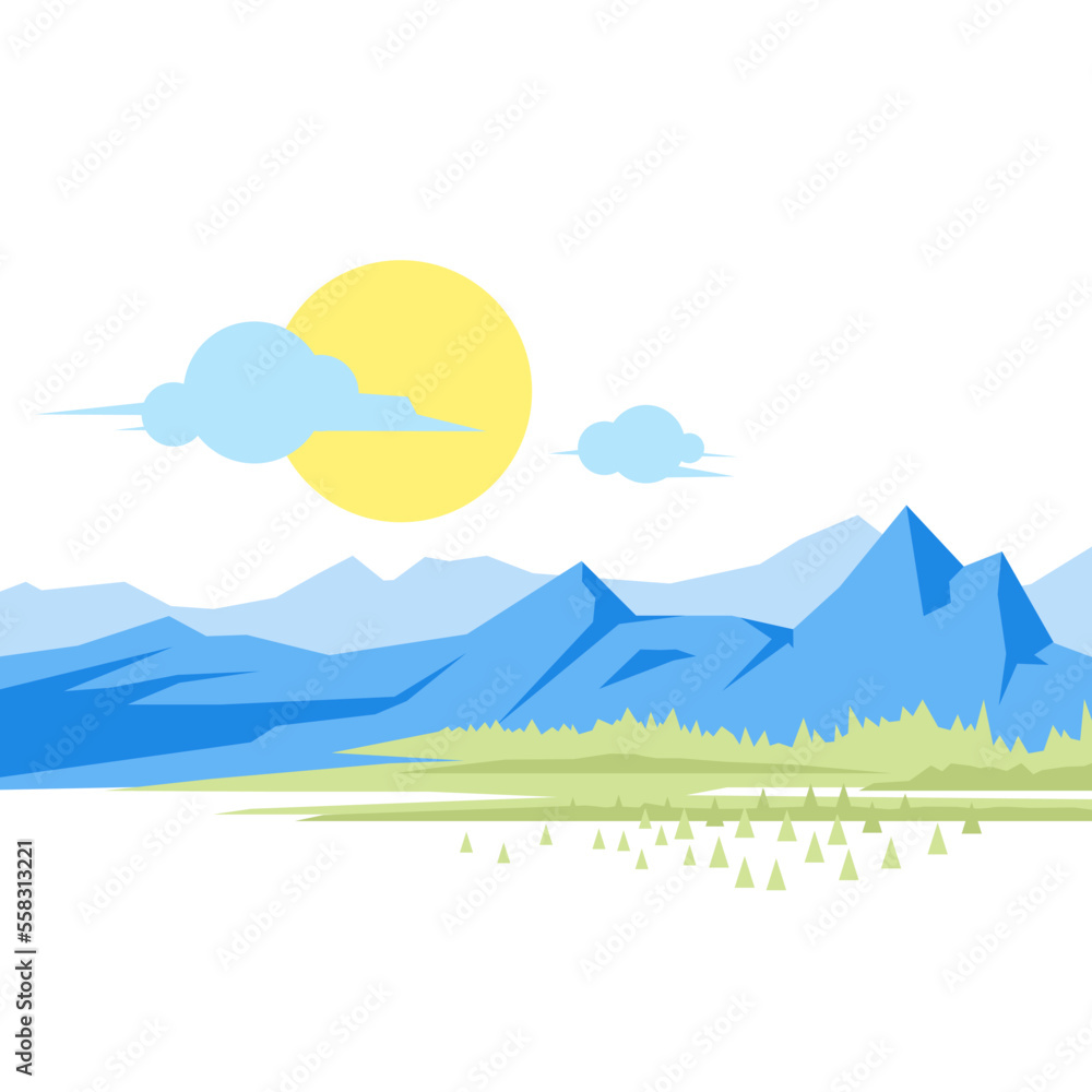 Landscape illustration, mountains with spruce trees, sun with clouds, nature background, modern flat style isolated