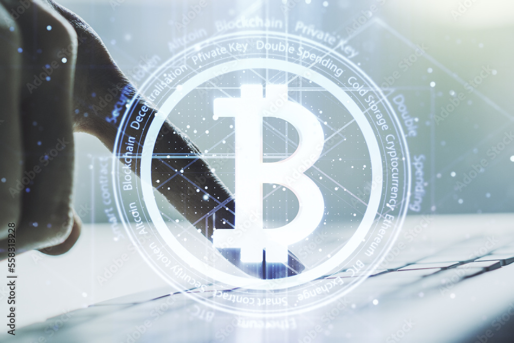 Naklejka premium Creative Bitcoin concept with hands typing on computer keyboard on background. Double exposure