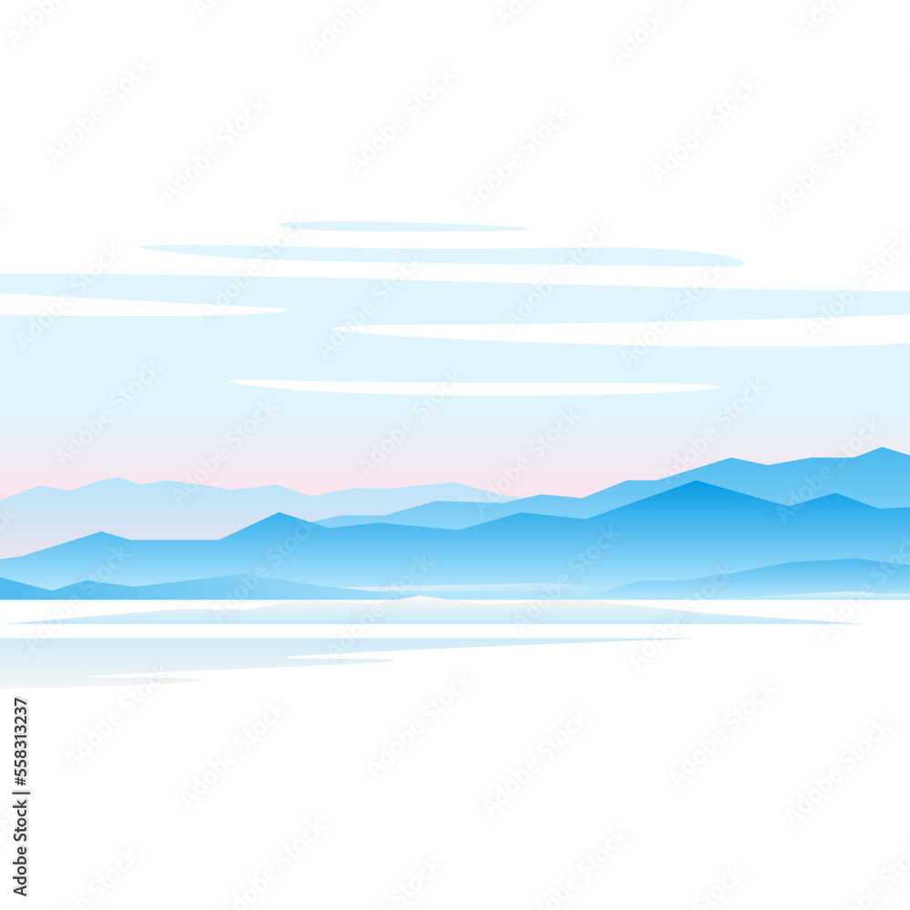 Landscape illustration, mountains in morning fog, sunrise nature background, modern flat style isolated Landscape illustration, mountains in morning fog, sunrise nature background, modern flat style isolated