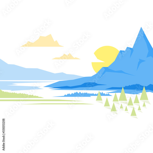 Landscape illustration, mountains with spruce trees, sun with clouds, nature background, modern flat style isolated