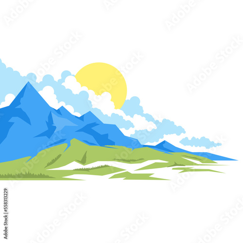 Landscape illustration  mountains with spruce trees  sun with clouds  nature background  modern flat style isolated
