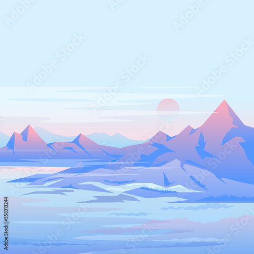 Landscape illustration, mountains nature background in light violet colors