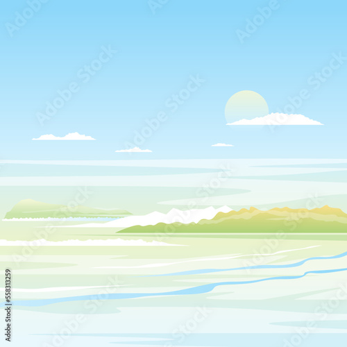 Seascape background with green islands in light colors, nature illustration