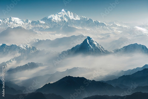 Panoramic view of winter mountains covered with clouds. AI 