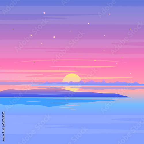 Fototapeta Naklejka Na Ścianę i Meble -  Sea sunset landscape with clouds and islands in purple colors, nature landscape illustration