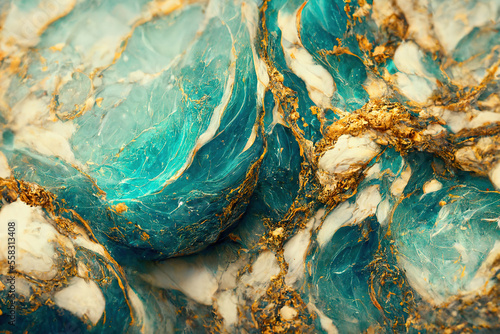 Abstract fuid art modern wallpaper. Marbe gold and turquoise texture. AI photo