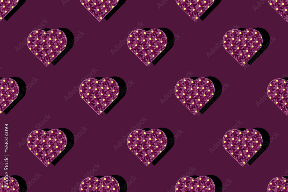 Fototapeta premium Seamless pattern with cornflowers in the shape of a heart on the viva magenta background. Valentines day card. Valentine concept. Website banner with heart.