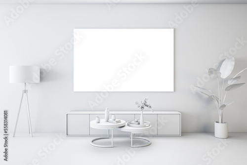Fototapeta Naklejka Na Ścianę i Meble -  Front view on blank white TV screen with place for your logo or text on light wall background in cozy total white living room with coffee table and vintage style lamp. 3D rendering, mock up