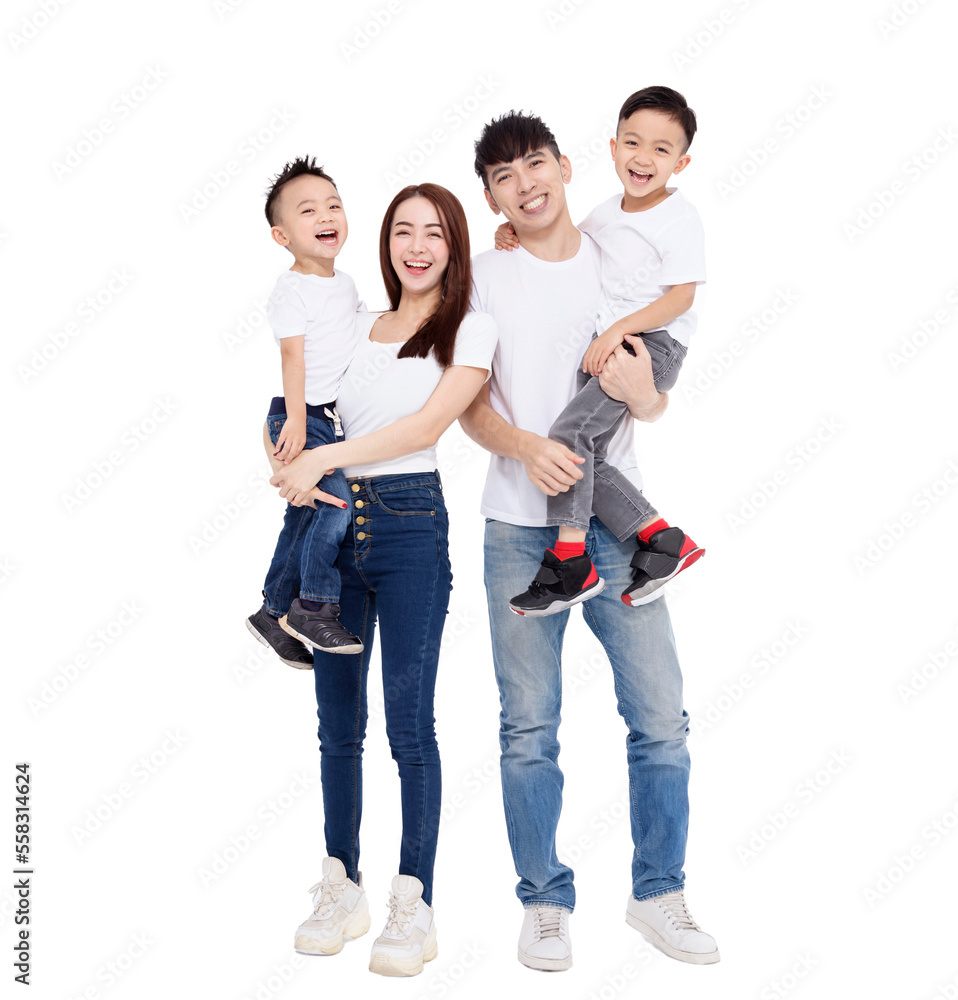 Happy Asian family standing together on white background Happy Asian family standing together on white background