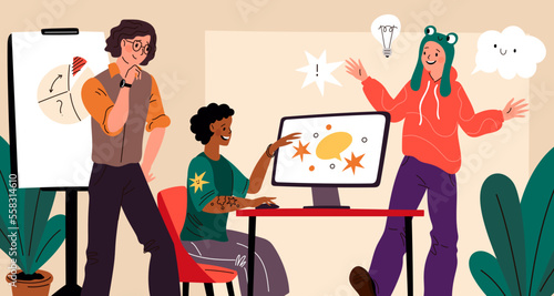 Bright creative team. Young cheerful people work in office. Fashionable guys and girls look at monitor. Freelancers teamwork. Designers group. Job cooperation. Garish vector concept