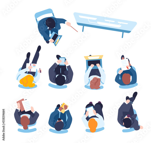 Business training. Businessman education courses. People sitting in chairs top view. Mentor with pointer and whiteboard teaching workers. Office report presentation. Vector concept
