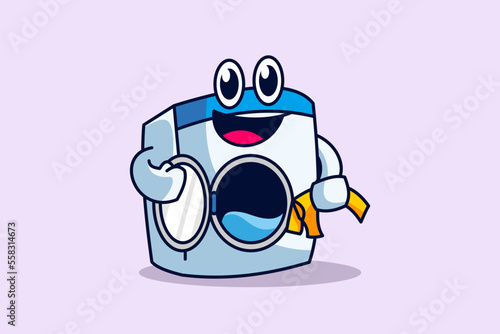 cute laundry washing machine mascot who is washing and delivering feed happily