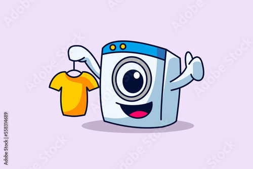 cute laundry washing machine mascot who is washing and delivering feed happily