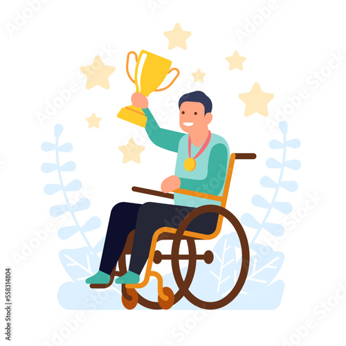 Disabled guy in wheelchair holds winners cup. Paralyzed person with reward. Handicapped man winning competition. Award ceremony. Paralympics champion. Equal accessibility. Vector concept