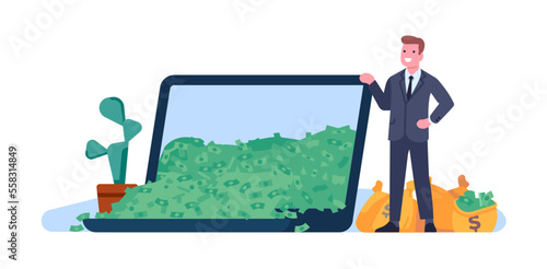 Earn money on Internet. Successful man with cash bags. Big laptop and banknotes heap. Green dollar pile. Financial profit. Online investments. Computer network earnings. Vector concept