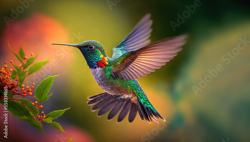 beautiful vibrant colored humming birds flying and aiming on a flower nectar