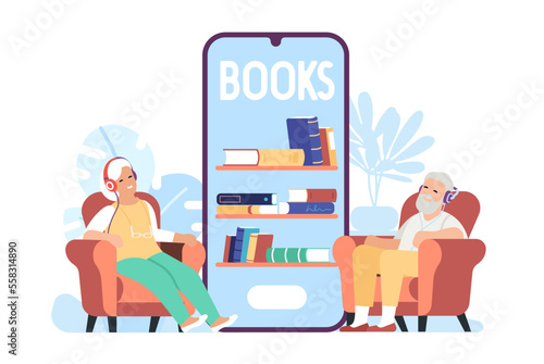 Elderly man and woman listen to music an audiobook through headphones. Book reading smartphone application. Grandparents leisure. Senior people enjoying of literature. Vector concept