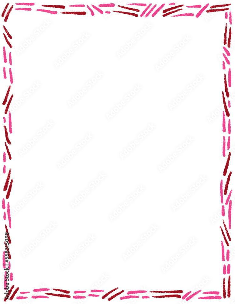 Obraz premium Hand drawn St Valentine Day page frame border. Pink red heart love kiss illustration invitation, graphic curves romantic greeting poster template, cute minimalist decorative design.