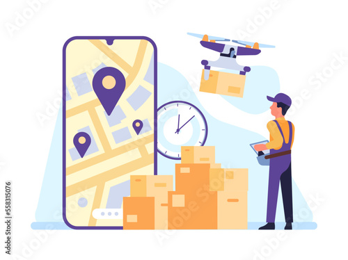 Fast delivery by drone through app on your phone. Mobile application. Order shipping. Cardboard parcel boxes. Express delivering. Smartphone map app. Courier in uniform. Vector concept