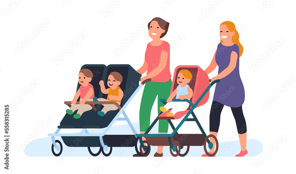 Group of moms with babies in strollers. Happy people walking outdoor with little children. Women pushing prams. Toddlers in buggies. Friends meeting in park. Vector motherhood concept Group of moms with babies in strollers. Happy people walking outdoor with little children. Women pushing prams. Toddlers in buggies. Friends meeting in park. Vector motherhood concept