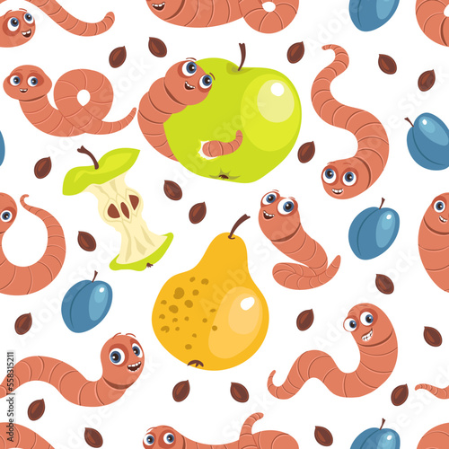 Funny soil worms seamless pattern. Cute cartoon characters with fruits. Garden dwellers. Waste eaters. Earthworms with plums. Apple seeds. Crawling insects. Splendid vector background
