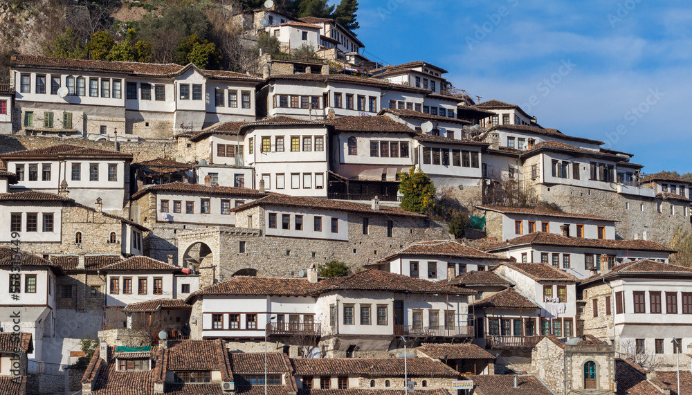 Traditional houses In Berat, Albania, Europe. Cityscape with those famous aligned white facades.