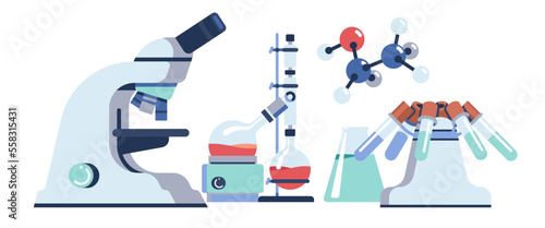 Laboratory equipment. Scientific research concept. Lab glassware and microscope. Chemistry experiment. Medical analysis. Chemical beaker and flask with liquid. Vector test tubes set