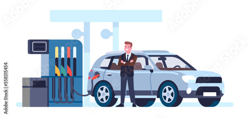 Man at gas station. Person refueling car. Automobile refill. Automotive fossil fuel. Petroleum filling. Diesel pump with nozzle. Diver waiting for auto petrol charging. Vector concept