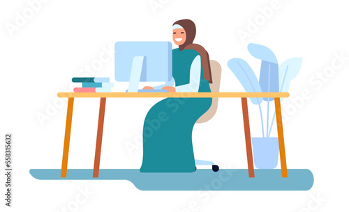 Muslim woman working at computer. Office worker in hijab. Islamic employee sitting at table. Arabian manager professional career. Female in traditional Islam clothing. Vector concept