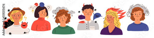 Negative thinking people. Guys and girls in bad mood. Worried persons. Shoulder portraits with gloomy emotions symbols. Crying woman. Burnout man. Anxiety and anger. Garish vector set