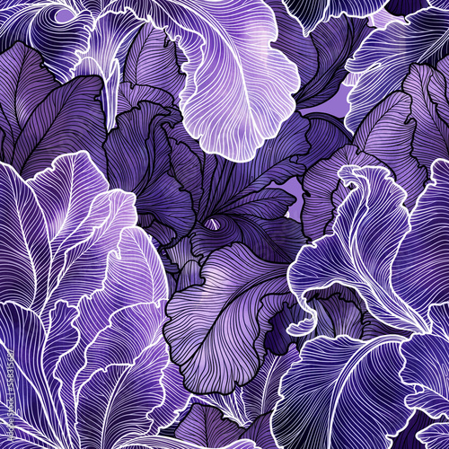 Ornamental iris flowers with veins and swirls - digital and watercolour artwork, mixed media vintage seamless pattern. Endless rapport for packaging, textile, decoupage, wall-art