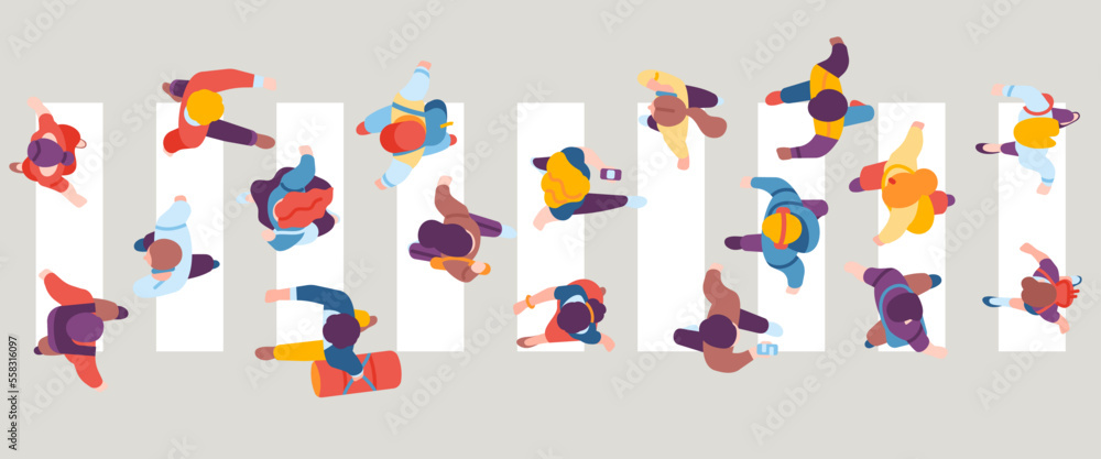 People walking across road at crosswalk. View from above. Pedestrians crossing highway. Urban traffic. Passerby group with bags and smartphones. Person way through street. Vector concept