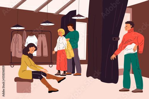 People in fitting room. Boutique interior. Store visitors try on clothes. Girl put on boots. Persons shopping fashion garments. Buyers dressing coats and sweaters. Garish vector concept