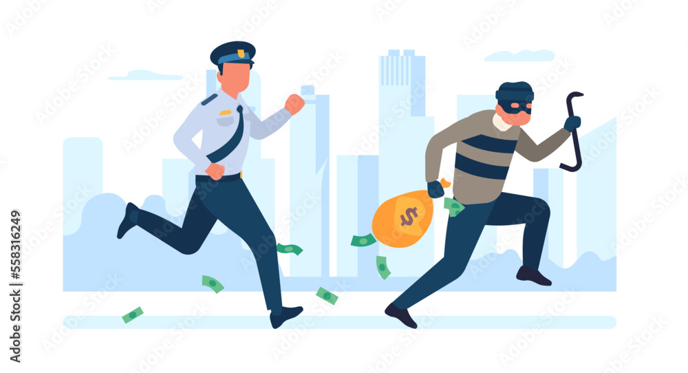Policeman in pursuit of robber. Thief with money bag running away from