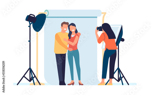 Photographer takes pictures of posing happy couple. Photo studio with professional lighting. Photoshoot Love story. Cameraman making snapshots. Photography shooting. Vector concept