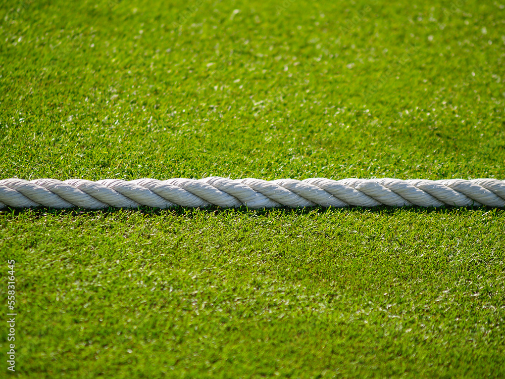 White rope divides green lawn White rope divides green lawn