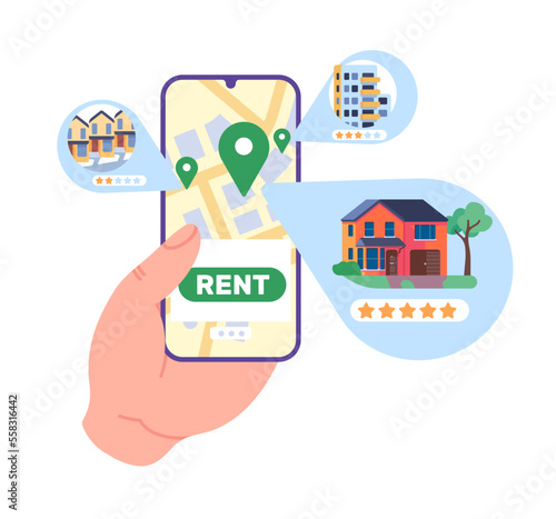 Rent house online. Mobile app. Smartphone in hand. Person searching rental home. People choose apartment or mansion. Phone navigation. Device screen with map locations. Vector concept