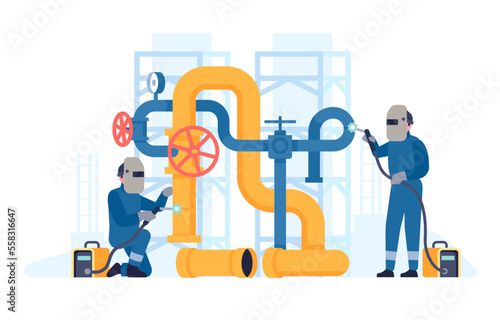 Welders weld pipes. Man welding pipeline. Workers with metalworking equipment. Workman in uniform. Industrial construction. People repair piping and fixing maintenances. Vector concept