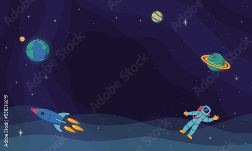Galaxy star space. Kids blank banner. Rocket and planets. Child astronaut in universe. Starry sky infinity. Moon and Earth. Science explore adventures. Vector cartoon utter background