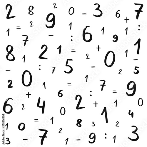 Math pattern. Abstract number fonts. School book alphabet. Education poster. Mathematical wallpaper. Addition or subtraction sign. Arithmetic symbols. Vector seamless nowaday background