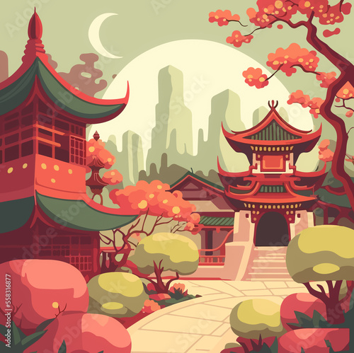 Flat colored design of Chinese background cartoon