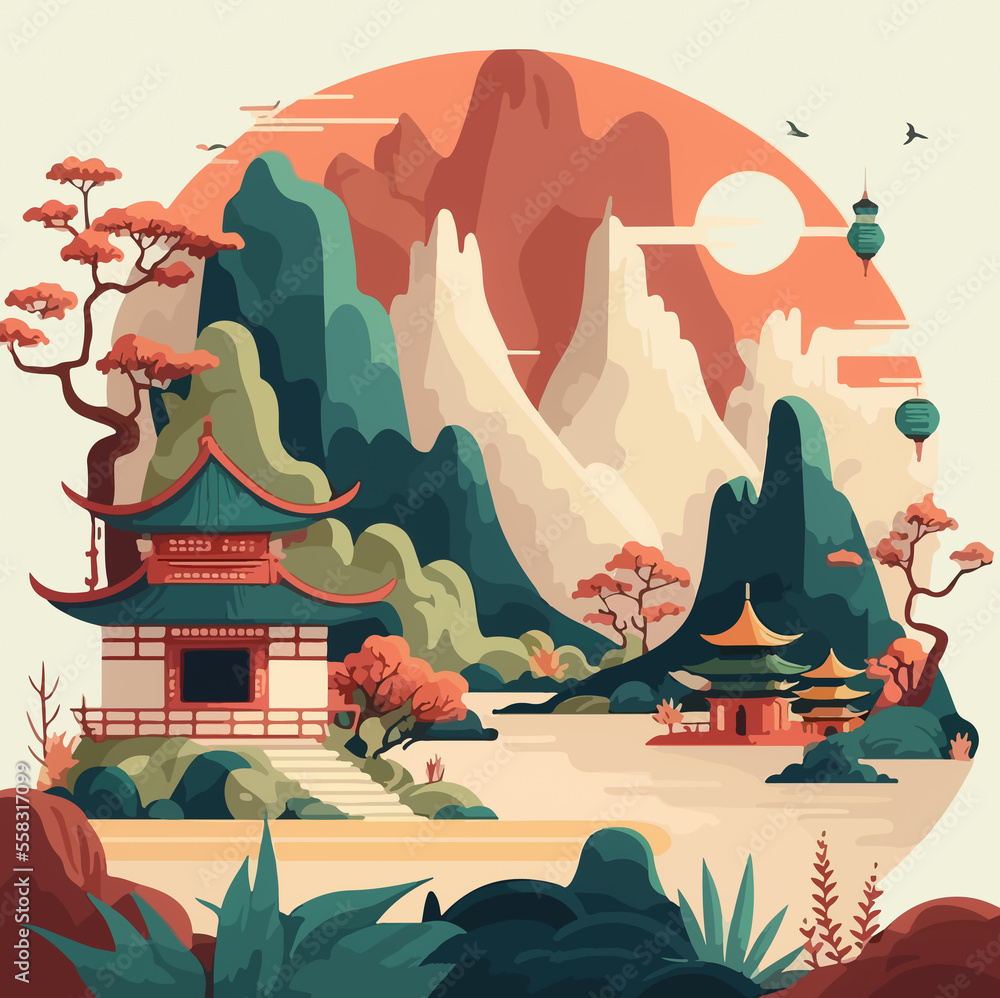 Flat colored design of Chinese scenary