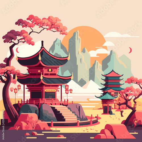 Flat colored design of Chinese scenary