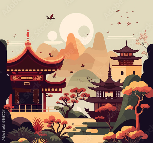 Flat colored design of Chinese scenary photo