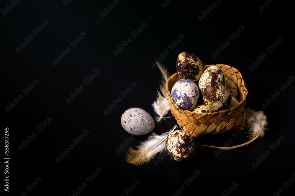 Quail eggs on a Black background (egg).close up Quail eggs on a Black background (egg).close up