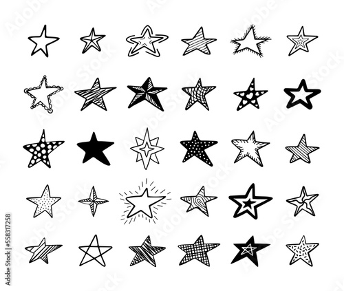 Hand drawn sketch doodle stars set. Grunge paint brush scribble icons, vintage handmade lines, cute black decorative objects. Christmas twinkle lights. Vector stroke utter isolated elements