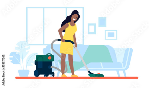 Young African American woman uses vacuum cleaner to clean floor while cleaning apartment. Housekeeping activity. Household equipment. Living room. Female doing housework. Vector concept