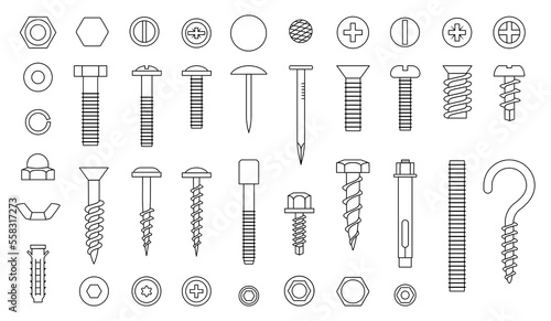 Screw line icons. Nut nail and bolt. Fixation iron river, metal hardware, hook and drill, outline black instruments. Isolated elements for construction. industry vector utter symbols set